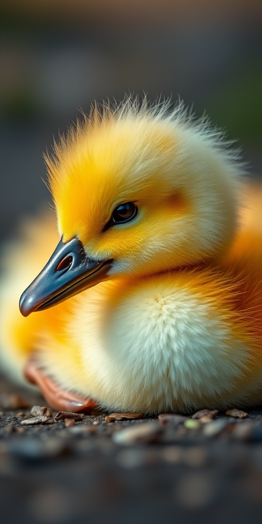 A close-up shot of a fluffy yellow gosling resting on the ground, with soft natural lighting, shallow depth of field, 50mm lens, f/2.8 aperture, ISO 200, shot with a DSLR camera.