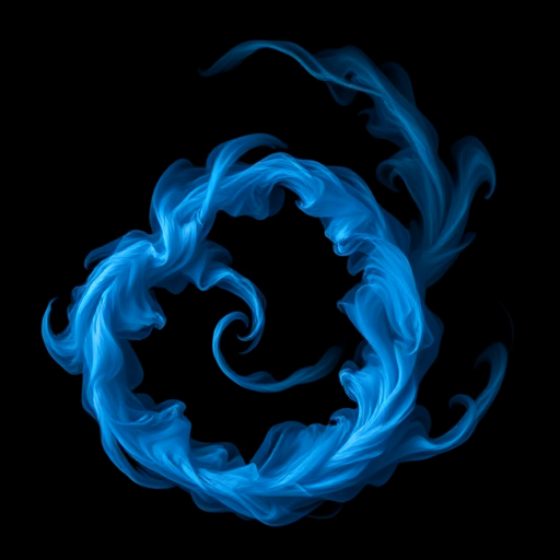 Create an image of a blue swirling cloud design on a black background, using a DSLR camera with a 50mm lens at f/1.8, ISO 200, and 1/125 sec exposure, with a soft focus effect to enhance the intricate details.