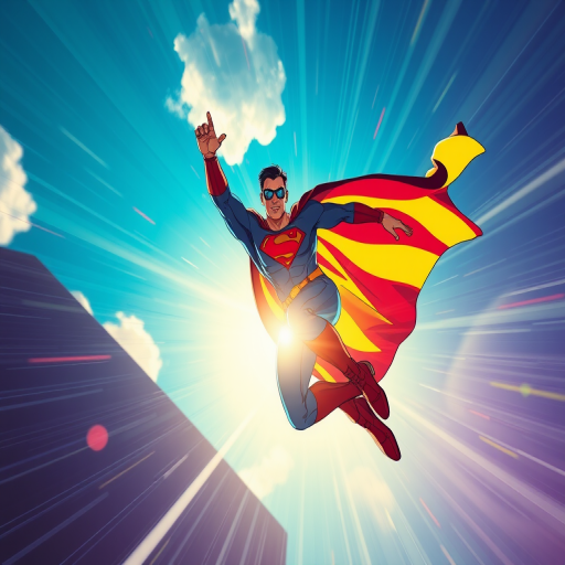 create a vibrant illustration of a superhero figure in a dynamic flying pose, using high saturation colors, shot from a low angle with a 24mm lens at f/8, capturing bright highlights and deep shadows, digital art style
