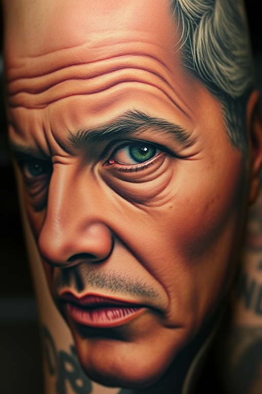 Realistic color portrait tattoo titled "Living Canvas" showcasing photorealistic details of a person's face with lifelike shading and vivid pigments that capture every nuance