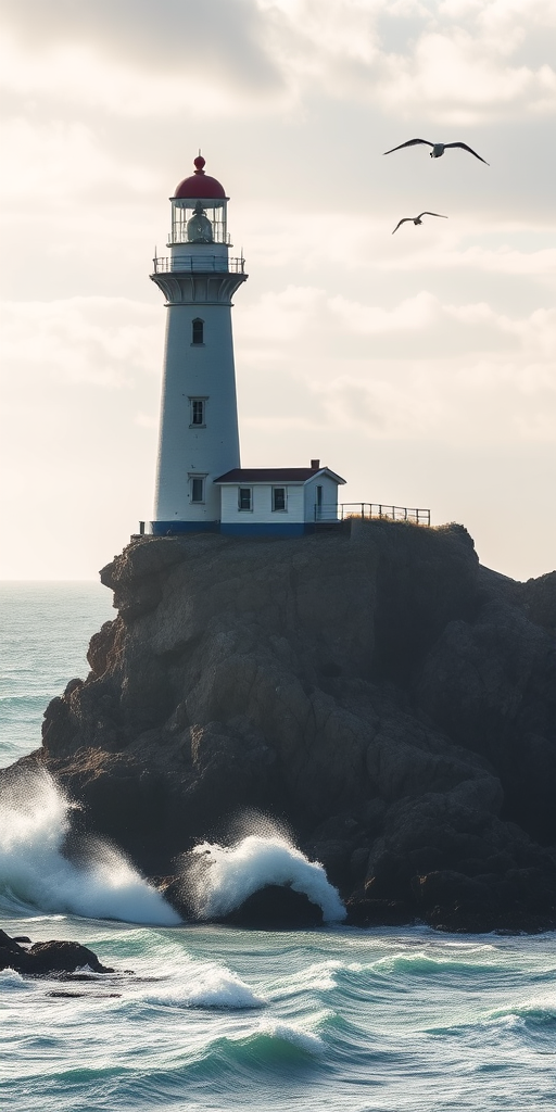 Sharp, detailed image of a lighthouse standing tall on a rocky cliff, waves crashing against the rocks below, soft sunlight filtering through the clouds, distant seagulls flying overhead, the sound of the ocean filling the air.