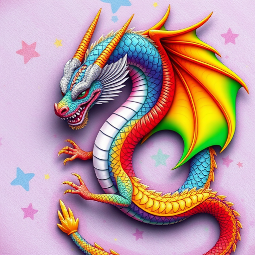 Create a vibrant illustration of a dragon intertwined with rainbow colors, featuring intricate scales and a dynamic pose, using a DSLR camera with a 50mm lens, f/1.8 aperture, ISO 200, shot from an overhead view to enhance detail and color saturation.