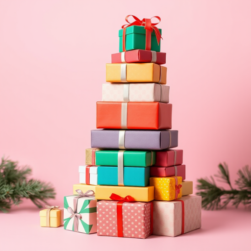 colorful stacked gift boxes forming a tree on a soft pink background, high resolution, camera settings: f/2.8, ISO 100, shutter speed 1/60, camera view: close-up, camera style: minimalistic, camera type: DSLR