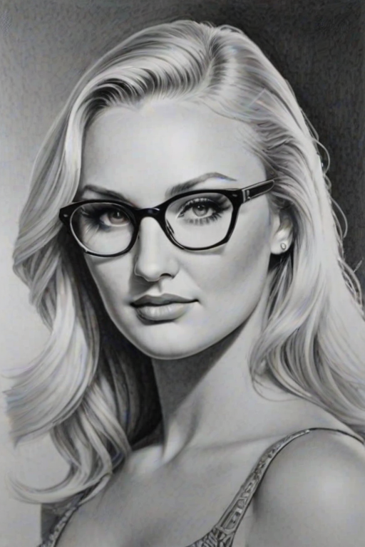 Exquisite Brooke Hogan, pencil sketch, portrait of Magnificent woman 1939s in glasses, hair style beatnik, outline, clear lines, fine lines, 8k