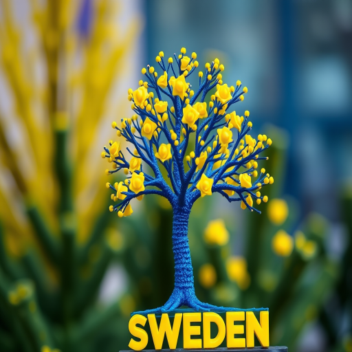 Create an image of a blue and yellow decorative tree with the word "SWEDEN" at the bottom, using a DSLR camera, 50mm lens, f/2.8 aperture, 1/200s shutter speed, ISO 100, focused on the tree's details, in bright and vivid lighting.