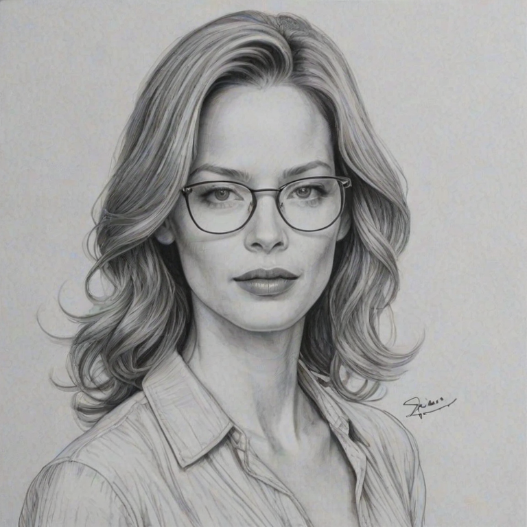 Exquisite Sienna Guillory, pencil sketch, portrait of Alluring woman 1945s in glasses, hair style beatnik, outline, clear lines, fine lines, 8k
