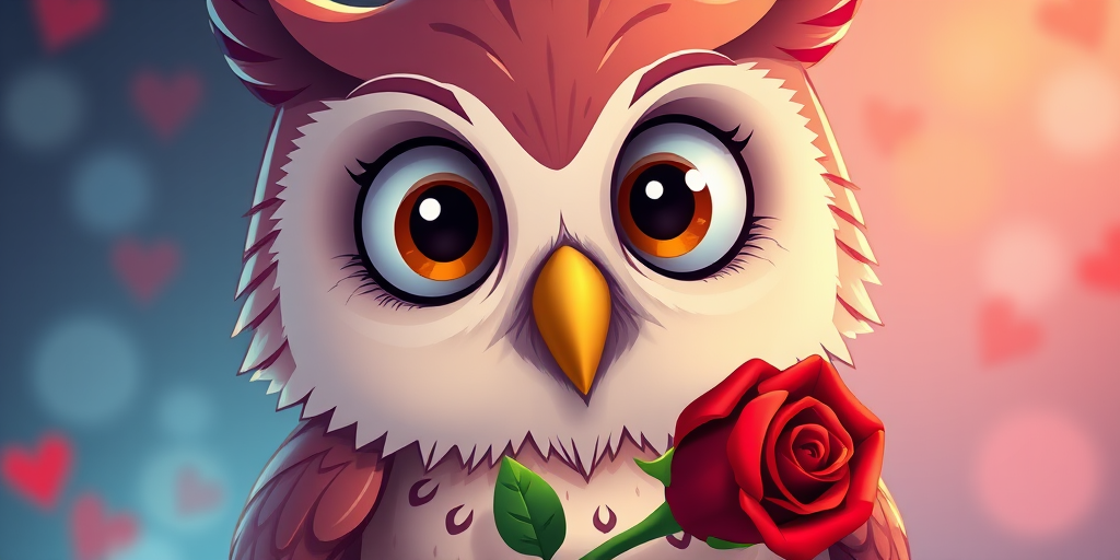 Cartoon owl holding a red rose in its beak, bright colors, high contrast, close-up view, soft focus, ISO 100, f/2.8, 50mm lens, digital art style