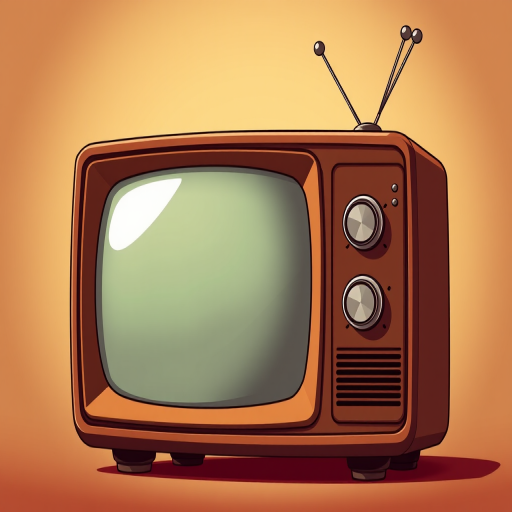 Create a highly detailed vector image of a cartoon vintage television set in warm brown tones with two knobs and antennae, using a 50mm lens, f/2.8 aperture, ISO 100, side view, with high dynamic range for enhanced clarity and color depth.