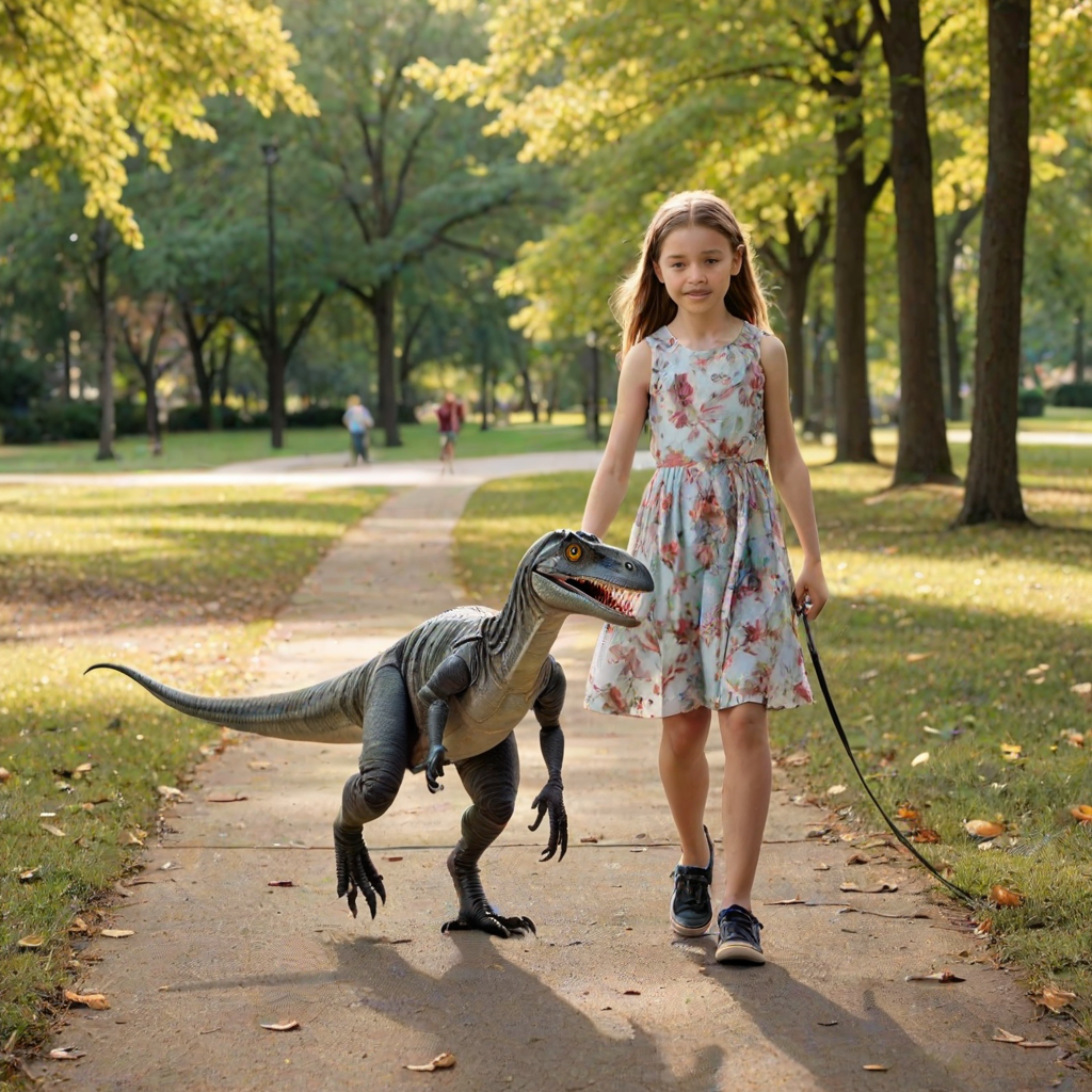 12 year old girl in a dress walking her pet Velociraptor on a leash through a park