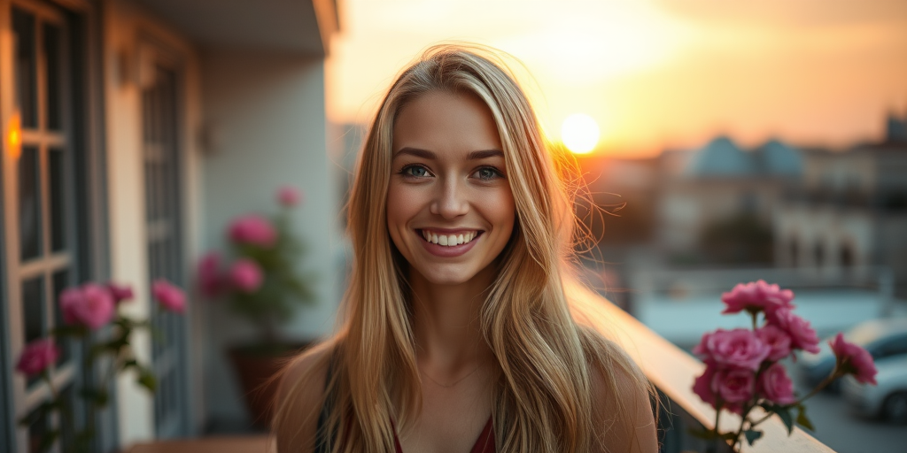 portrait of a young woman with long blonde hair smiling at sunset on a balcony with pink flowers in the background, DSLR camera, 50mm lens, f/1.8 aperture, ISO 100, soft focus, warm color tones, natural light