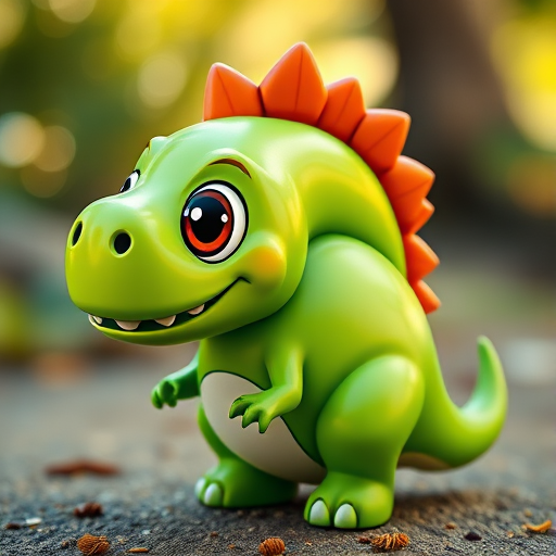 create a cartoon dinosaur with a round body, large eyes, and spiky back, using bright green colors, captured with a DSLR camera at f/2.8, 50mm lens, ISO 100, natural lighting, in a playful and vibrant style