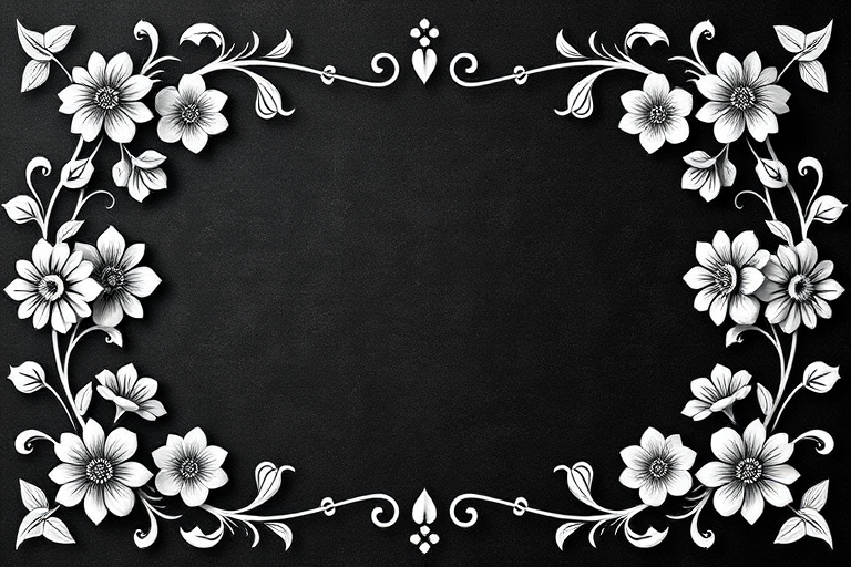 Create an ornate black and white floral frame with an oval center on a textured dark background, 50mm lens, f/2.8 aperture, ISO 100, shot from a straight-on perspective using a DSLR camera.