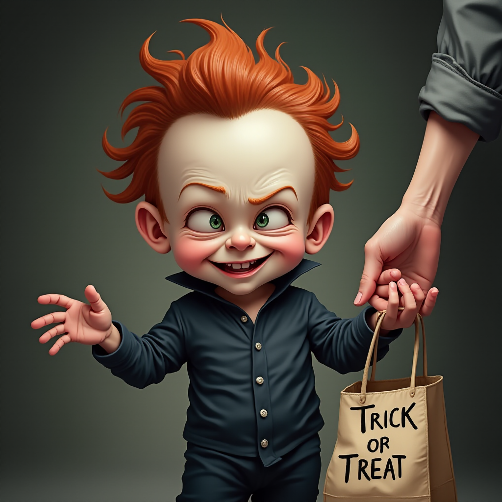 A whimsical caricature of a child version of Michael Myers, grinning mischievously. He is held by the hand of an unrecognizable person (only their hand visible), while holding a bag labeled 'Trick or Treat.' His facial expression is playful yet slightly menacing, reflecting his iconic figure. The scene is in portrait format with a Halloween theme, featuring exaggerated cartoon details like big eyes, a small body, and a creepy yet light-hearted tone.