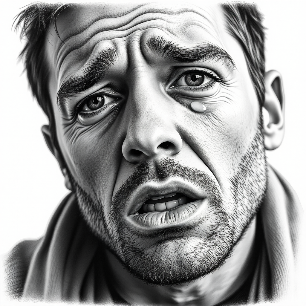 Regenerate a hyper-realistic black and white drawing of a man crying, capturing strong emotions with tears streaming down his face, shot with a 50mm lens at f/1.8 for shallow depth of field, using a full-frame DSLR camera in soft natural light for increased detail and contrast.