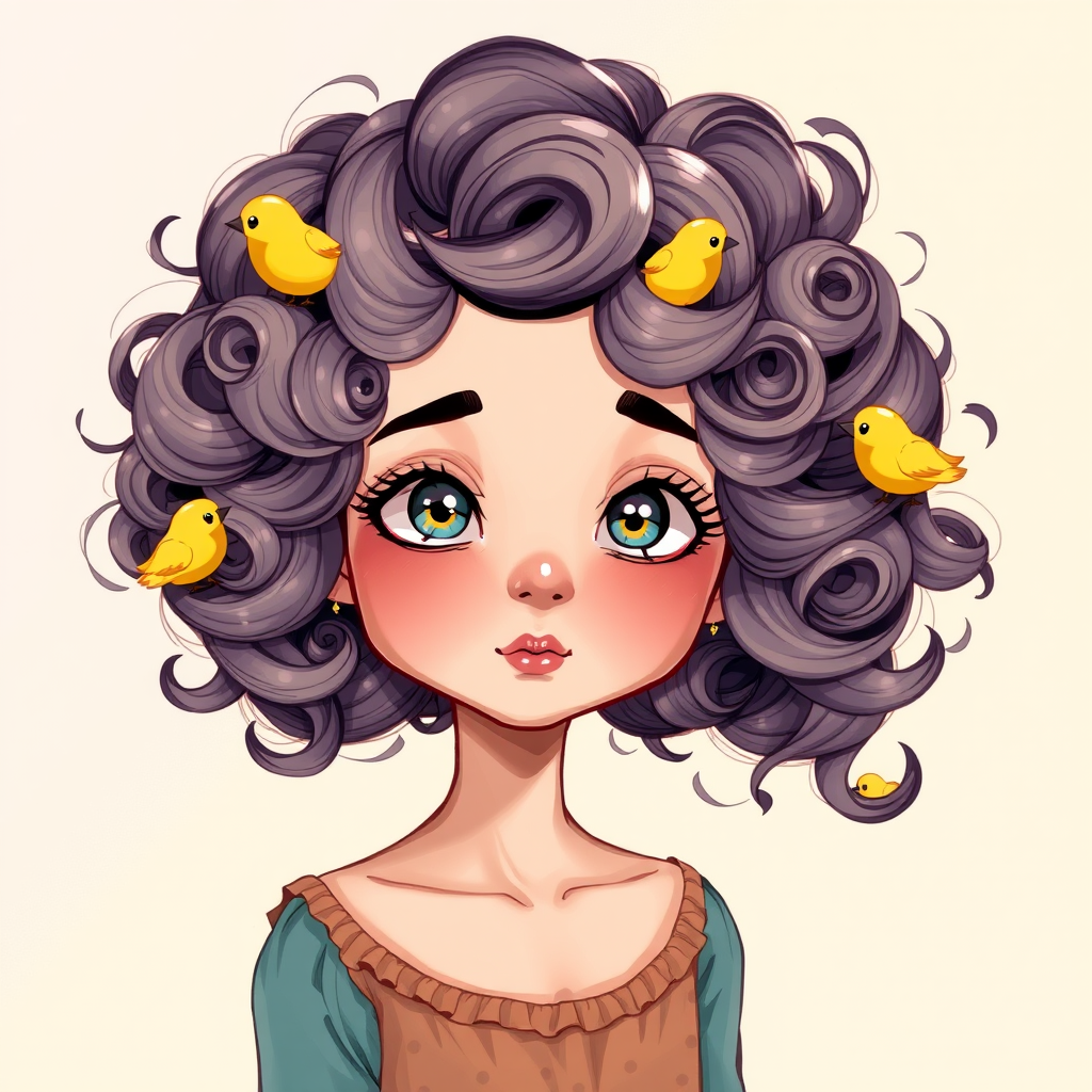 Create a detailed illustration of a girl with curly hair styled in large rolls, adorned with small yellow birds, using a high-resolution digital art style, front view, 300 DPI, with soft lighting and vibrant colors.