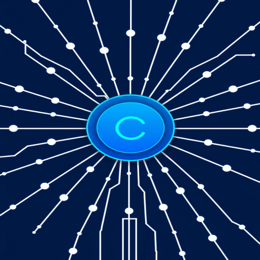 Create a digital illustration of a blue circular code symbol in the center, connected to multiple branching lines that symbolize data flow, using a modern vector style with high contrast, captured with a Canon EOS R5 at f/8, ISO 100, 50mm focal length, in a flat lay perspective for clarity and sharpness.