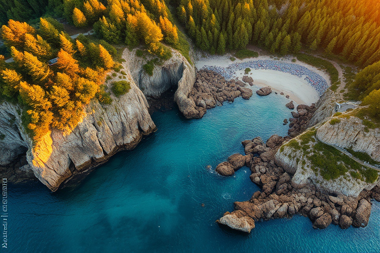 landscape of a rocky coastline with lush greenery, captured during golden hour, focal length 24mm, aperture f/8, ISO 100, HDR technique, Drone view, DSLR camera