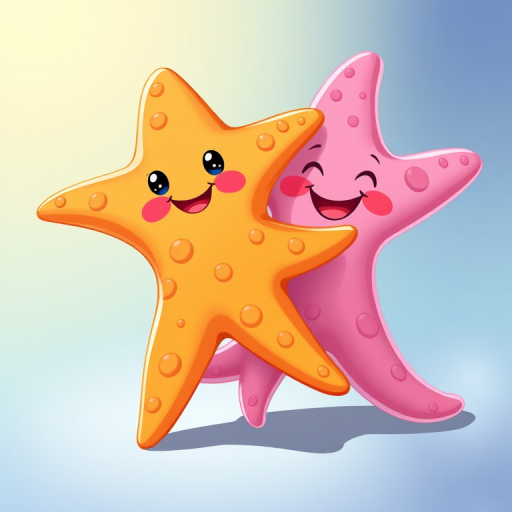 Create an illustration of two cartoon starfish characters, one orange with polka dots and a smiling face, the other pink with larger dots and a joyful expression, using a digital art style, with a focus on vibrant colors and smooth lines, captured in a high-resolution format, with a 50mm lens, f/2.8 aperture, and a soft-focus background to enhance the characters.