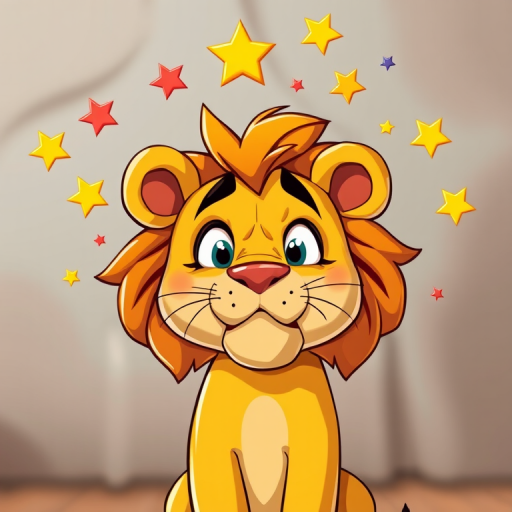 Create a vibrant cartoon-style image of a yellow lion with a playful and confused expression, swirling colorful stars around its head, shot in high resolution using a DSLR camera, 50mm lens, aperture f/1.8, ISO 200, with soft natural lighting and a clear, blurred background to enhance focus on the lion.