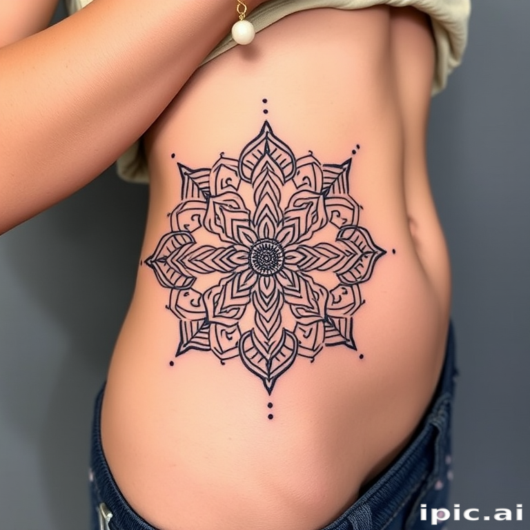 Mandala underboob tattoo with intricate geometric patterns and delicate dot work, designed to accentuate the natural curves of the body for a flattering and feminine look