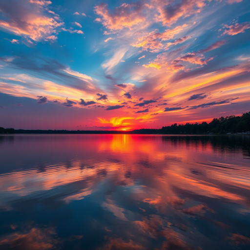 Generate a high-quality image of a sunset over a tranquil lake with vibrant colors in the sky, captured with a Canon EOS R5, 24mm lens, f/8 aperture, ISO 100, at a focal length of 24mm, using a landscape orientation.