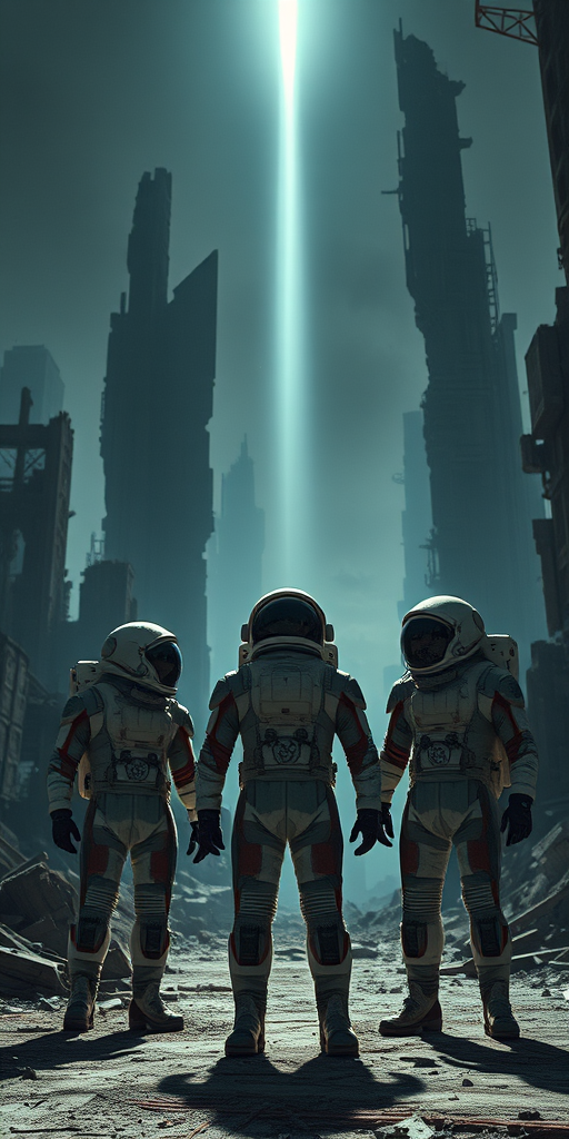 Three astronauts in futuristic suits standing in a ruined cityscape with tall, broken structures illuminated by a beam of light, captured with a Canon EOS R5, ISO 100, f/8, 24mm lens, wide-angle view, high dynamic range photography, dramatic shadows and highlights to enhance depth and detail.