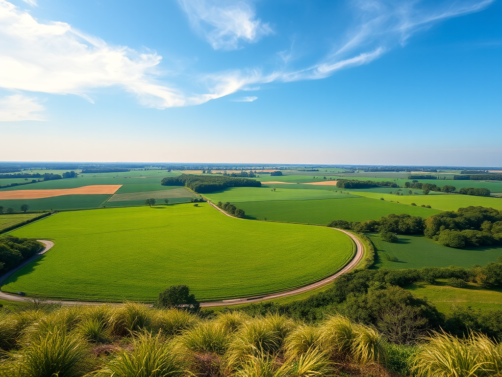 Generate a high-resolution image of a serene landscape with a clear blue sky and lush green fields, captured with a Canon EOS R5 camera, 24mm focal length, aperture f/8, and ISO 100, in a wide-angle view for enhanced depth and clarity.