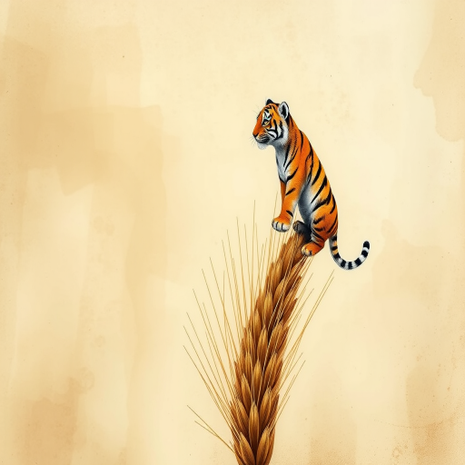 Soft, muted Alcohol Ink with ebru effect background image of tiny whimsical tiger, who climbed high on the top of a golden rye ear.