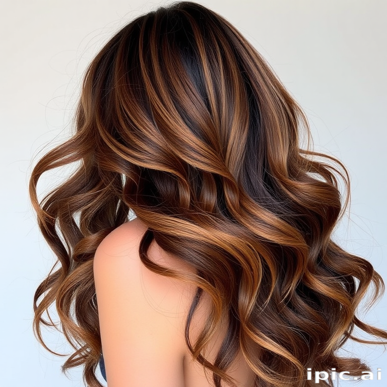Luscious chocolate brown mermaid waves adorned with caramel highlights, Sun-Kissed Siren style, flowing down to the waist with natural-looking dimension and beachy texture