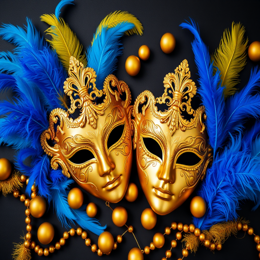A beautifully arranged flat lay image of two ornate golden masquerade masks surrounded by vibrant blue and yellow feathers, golden balls, and a dark background, shot with a Canon EOS R5 at f/2.8, ISO 100, shutter speed 1/100s, in natural soft lighting for enhanced texture and detail.