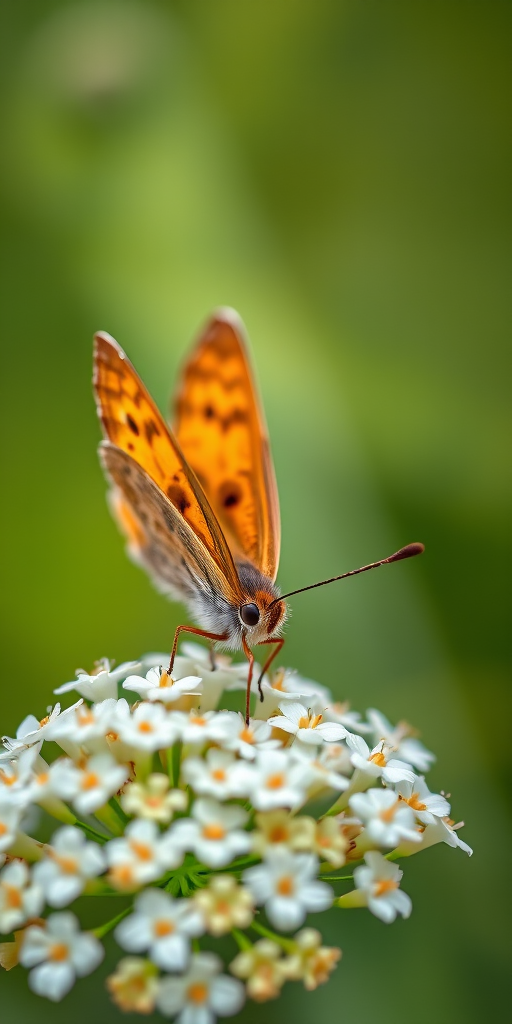 Close-up of a brown butterfly perched on white flowers, soft blurred green background, natural light, f/2.8 aperture, 1/200s shutter speed, ISO 100, macro lens, DSLR camera, focus on butterfly with shallow depth of field.