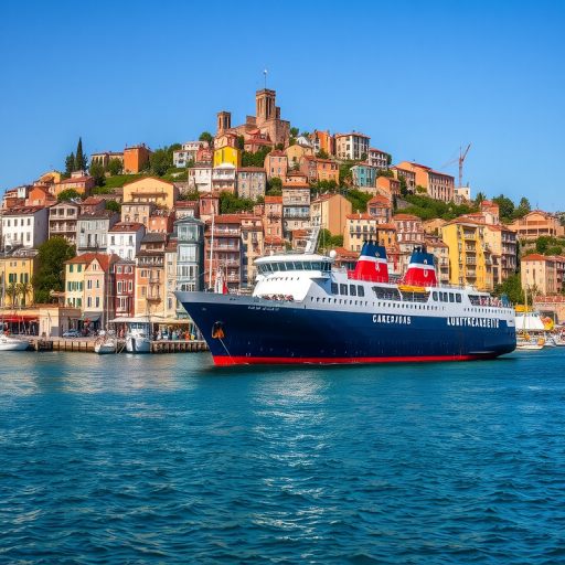 A large ship sailing in a calm harbor surrounded by colorful buildings on a hillside, shot with a DSLR camera at 50mm aperture f/8, ISO 100, with a panoramic view and vibrant colors in natural light.