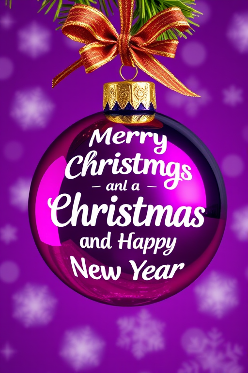 Create a high-resolution image of a Christmas ornament with a bow, featuring the text "Merry Christmas and a Happy New Year" in white on a purple background with snowflakes, using a DSLR camera with a 50mm lens, f/2.8 aperture, ISO 100, and natural lighting for a sharp and vibrant effect.