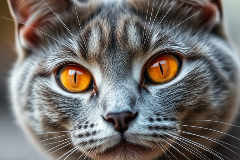 A close-up of a gray cat with bright orange eyes, captured using a DSLR camera with a 50mm lens, aperture set at f/1.8 for a shallow depth of field, ISO at 200 for good low-light performance, in natural daylight for enhanced color vibrancy.
