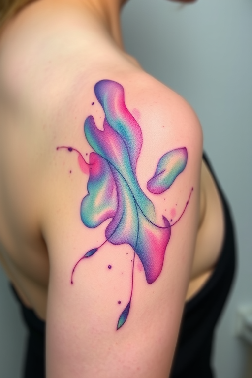 Ethereal watercolor splash tattoo titled "Aurora's Dance" showcasing soft pastel hues blending seamlessly to depict the mesmerizing Northern Lights, capturing the beauty of nature on the shoulder