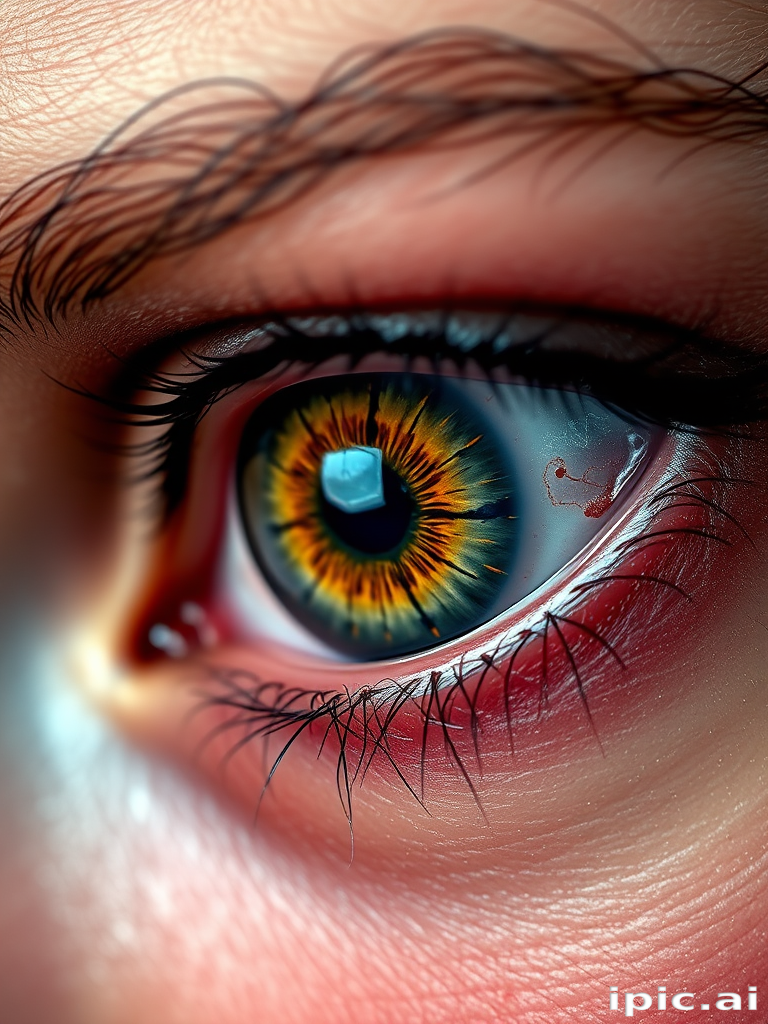 Hyper-realistic color portrait tattoo titled "Windows to the Soul" showcasing an incredibly detailed human eye with surrounding skin texture so lifelike it appears three-dimensional tiny blood vessels and complex iris patterns are meticulously recreated using cutting-edge micro-realism techniques creating an uncanny lifelike gaze