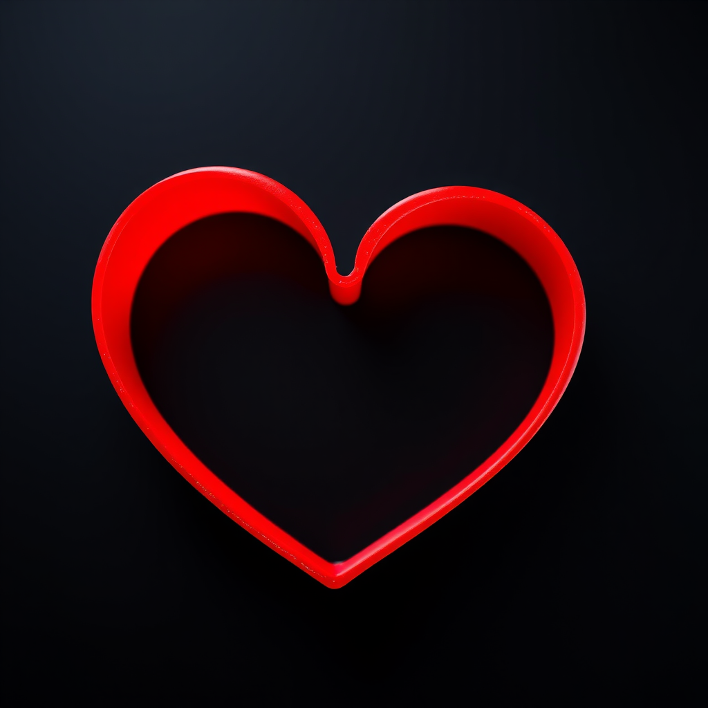 Create a vibrant red heart shape on a black background with a shallow depth of field, using a 50mm lens at f/2.8, ISO 100, and a soft light setup to enhance detail and contrast, capturing a clean, minimalistic style.