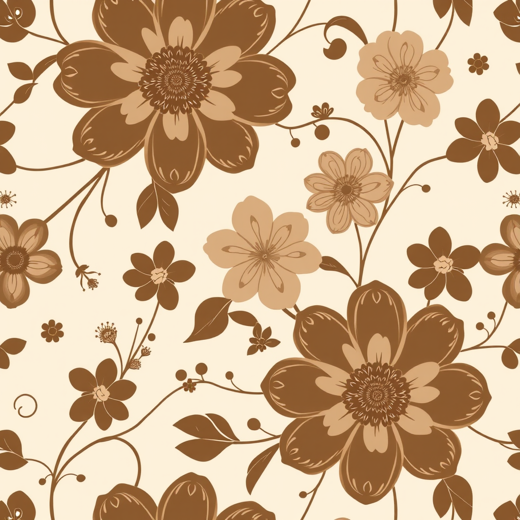 Create a seamless floral pattern featuring large brown and beige flowers with intricate designs, accompanied by smaller flowers and gentle vines on a light beige background.