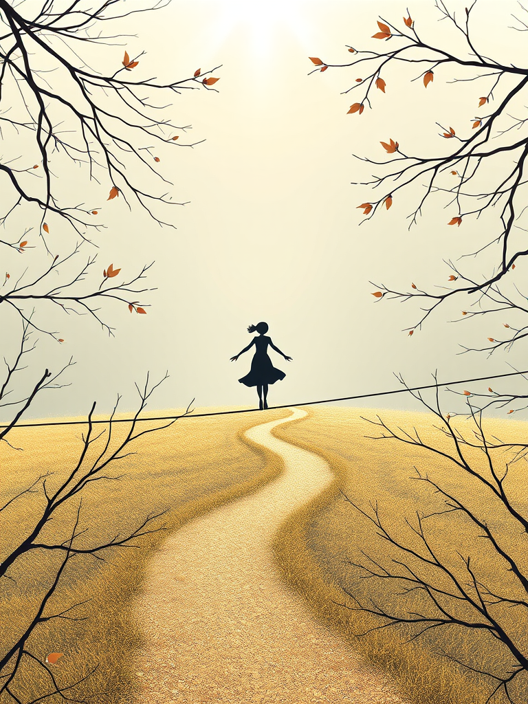 Generate a vector-style illustration of a minimalist nature scene with two intersecting lines representing paths, a figure gracefully balancing on one of the lines, surrounded by delicate branches and leaves, in a serene landscape, captured with a Canon EOS R5 at f/4, ISO 100, 50mm lens, soft natural lighting for enhanced contrast and detail.