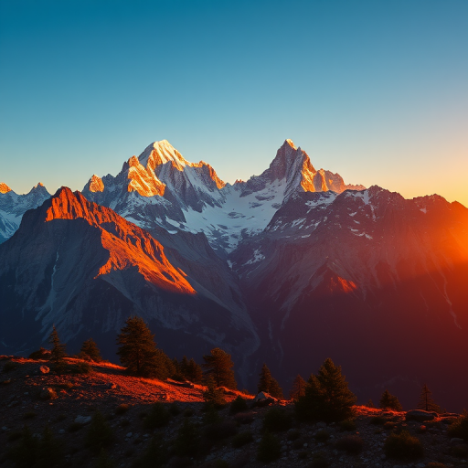 Capture a breathtaking mountain landscape during golden hour with a Canon EOS R5, lens set to 24mm, aperture f/8, ISO 100, using a wide-angle view to emphasize the grandeur of the peaks and the details of the foreground, with a focus on vibrant colors and high contrast.