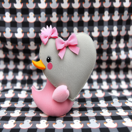 Create a cute and whimsical illustration featuring a pink duck and a large gray heart with a pink bow on a patterned background of small grey ducks and black and white checkered fabric, shot with a DSLR camera at f/2.8, ISO 100, and a close-up perspective to enhance clarity and detail.