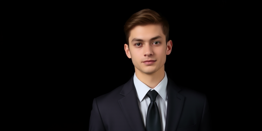 A young man in a formal black suit and tie, standing against a dark background, strong lighting emphasizing facial features, shot with a 85mm lens at f/1.8, ISO 100, 1/200 sec, studio lighting, portrait style, DSLR camera.