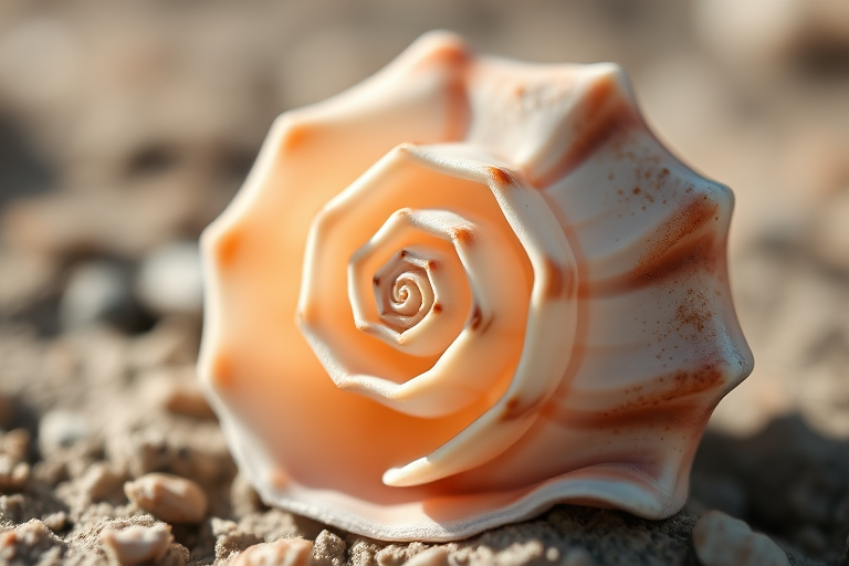 macro shot of a spiraled sea shell with soft natural lighting, f/2.8 aperture, 1/200s shutter speed, ISO 100, shooting from a 50mm lens, shallow depth of field, focus on the shell's intricate details