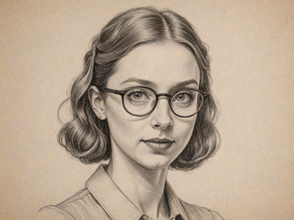 Comely Lauren Lapkus, pencil sketch, portrait of Graceful woman 1934s in glasses, hair style beatnik, outline, clear lines, fine lines, 8k