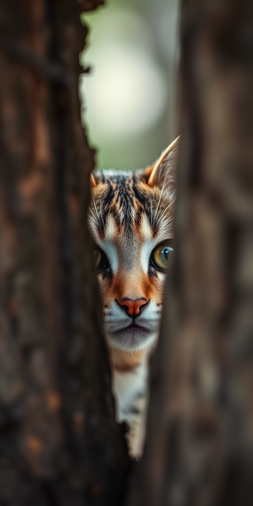 regenerate a close-up image of a cat peeking from behind a tree trunk, with a shallow depth of field, using a DSLR camera, aperture f/2.8, ISO 200, 50mm lens, natural lighting, with high detail and vibrant colors.