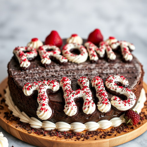 black forest gateau cake spelling out the words "PROMPT THIS", tasty, food photography, dynamic shot