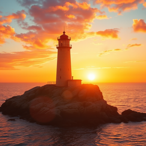 Generate an image of a tall lighthouse perched on a rocky outcrop surrounded by calm ocean waters during a breathtaking sunset. The lighthouse stands sturdy and weathered, its stone surface illuminated by the warm golden light of the setting sun. The sun's rays pass directly through the glass lantern room at the top of the lighthouse, casting a brilliant light across the scene. The sky is painted with vibrant shades of orange, pink, and purple, reflecting off the tranquil sea. The surrounding water shimmers with the same warm hues, creating a serene and majestic atmosphere.