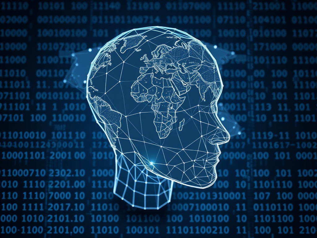 Create a 3D wireframe head with a digital world map overlay and binary code in the background, shot with a 50mm lens, f/1.8 aperture, ISO 100, and top-down view using a DSLR camera for high detail and contrast.