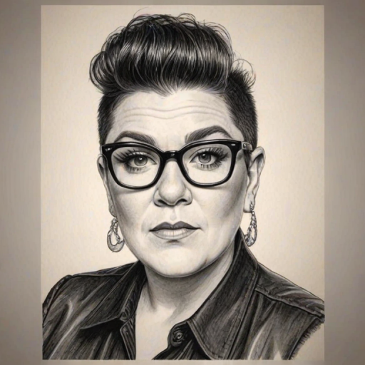 Bewitching Lea DeLaria, pencil sketch, portrait of Fascinating woman 1978s in glasses, hair style beatnik, outline, clear lines, fine lines, 8k