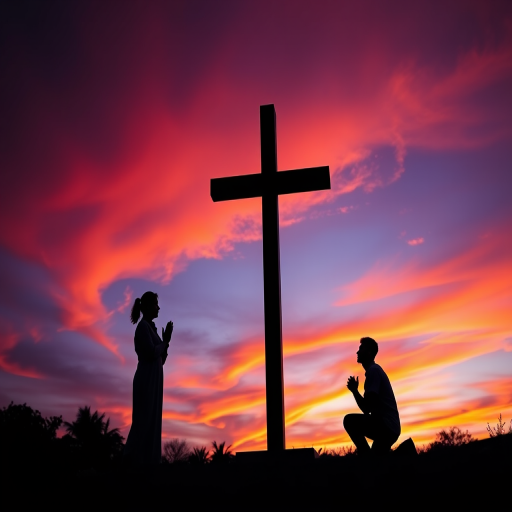 silhouette of a woman praying and a man kneeling by a cross at sunset, with vibrant orange and purple sky, focus on sharp details, captured with a Canon EOS R, 50mm lens at f/2.8, ISO 100, and a 1/200s shutter speed, shot from a low angle for dramatic effect